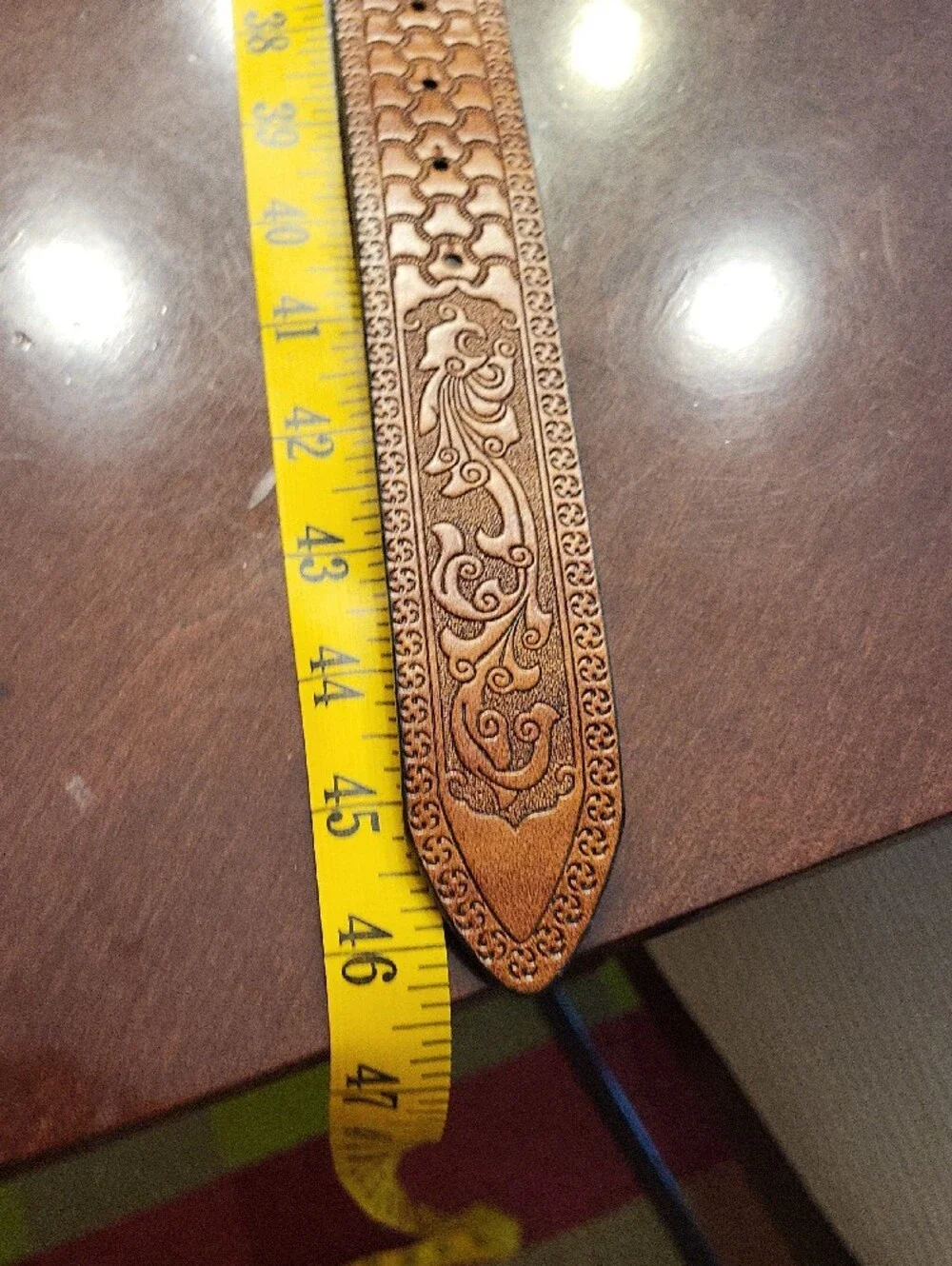 Tan Bonded Leather Belt with Ornate Silver-Tone Longhorn Buckle, Sz 34